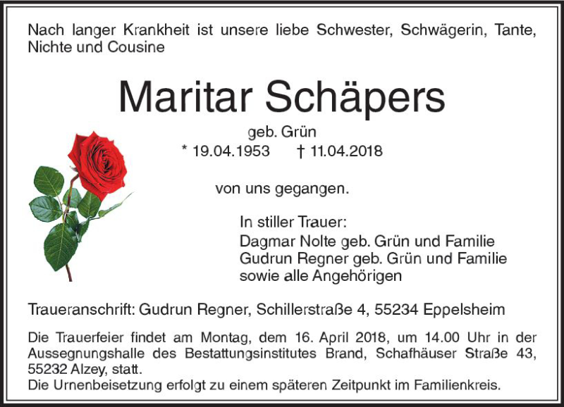  Traueranzeige für Maritar Schäpers vom 13.04.2018 aus Trauerportal Rhein Main Presse