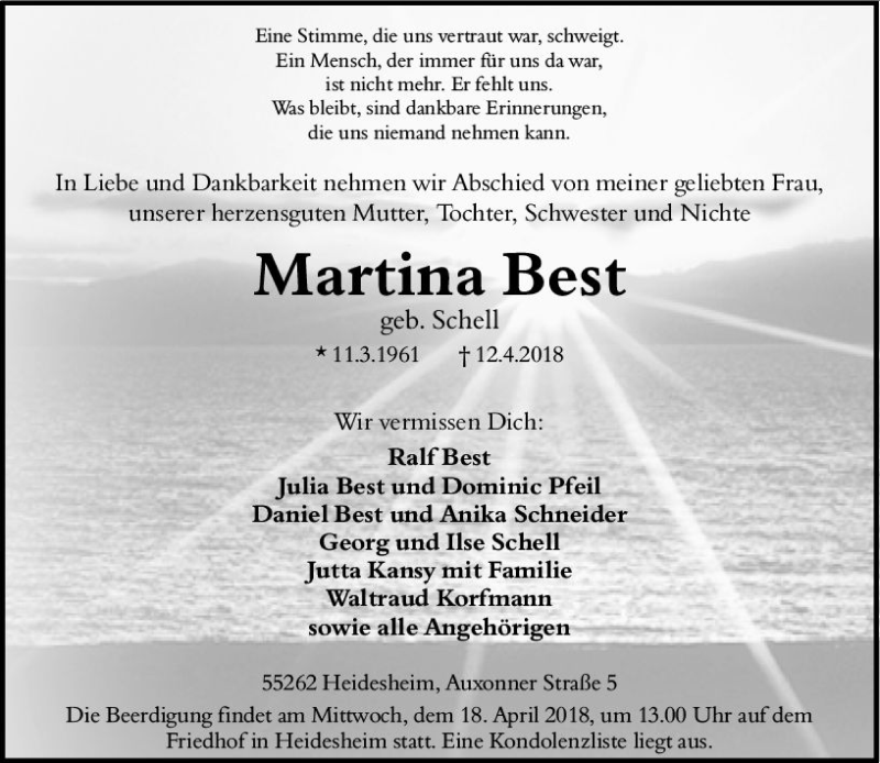  Traueranzeige für Martina Best vom 14.04.2018 aus Trauerportal Rhein Main Presse