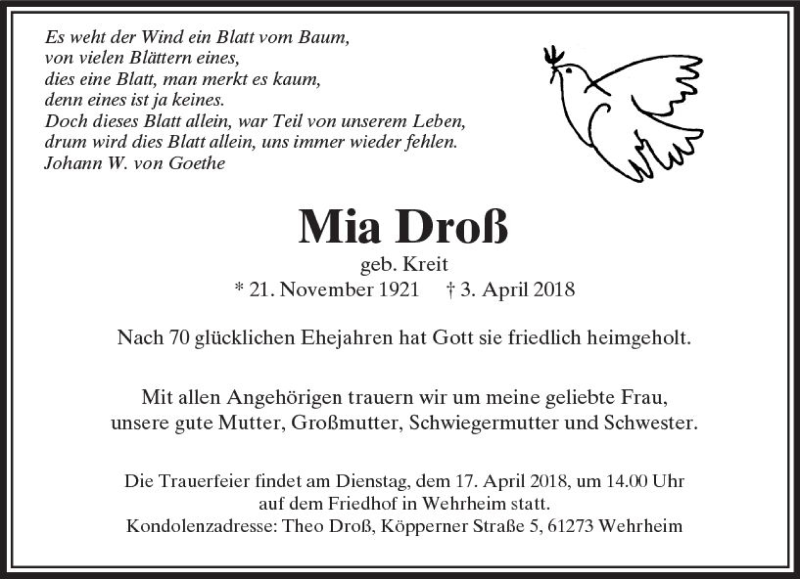  Traueranzeige für Mia Droß vom 10.04.2018 aus  Usinger Anzeiger