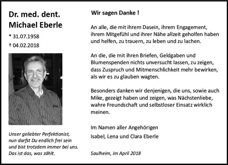 Traueranzeige für Michael Eberle vom 07.04.2018 aus Trauerportal Rhein Main Presse