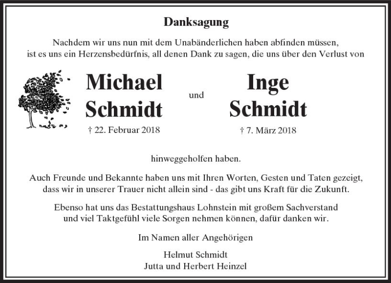 Traueranzeige für Michael Schmidt vom 11.04.2018 aus  Usinger Anzeiger