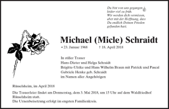 Traueranzeige von Michael Schraidt von Trauerportal Rhein Main Presse
