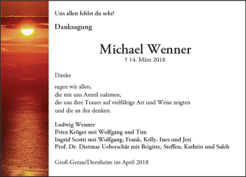 Traueranzeige von Michael Wenner von Trauerportal Rhein Main Presse