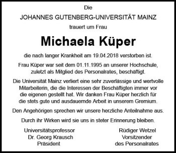 Traueranzeige von Michaela Küper von Trauerportal Rhein Main Presse