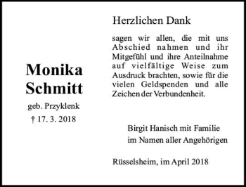 Traueranzeige von Monika Schmitt von Trauerportal Rhein Main Presse