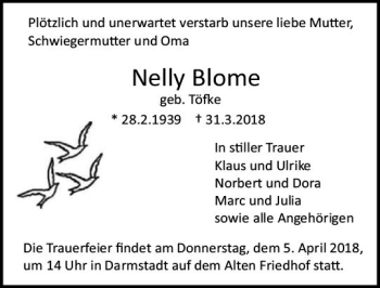 Traueranzeige von Nelly Blome von Trauerportal Rhein Main Presse