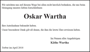 Traueranzeige von Oskar Wartha von Trauerportal Rhein Main Presse