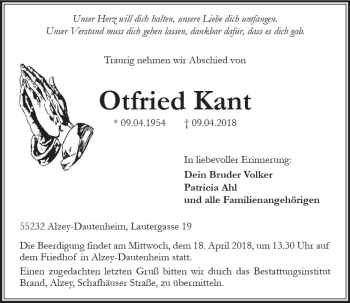 Traueranzeige von Otfried Kant von Trauerportal Rhein Main Presse
