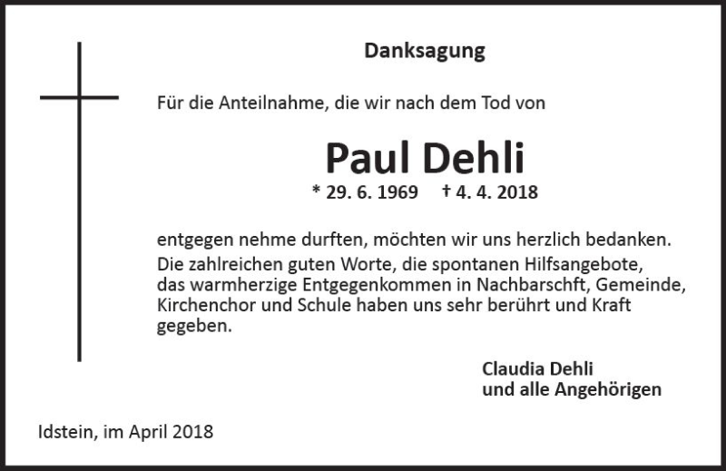  Traueranzeige für Paul Dehli vom 28.04.2018 aus Trauerportal Rhein Main Presse