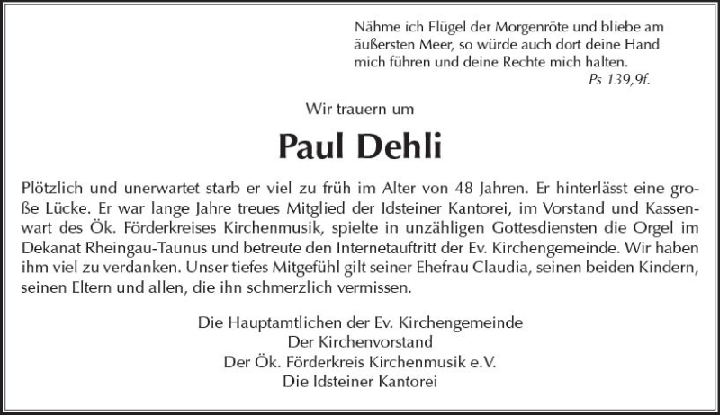  Traueranzeige für Paul Dehli vom 14.04.2018 aus Trauerportal Rhein Main Presse