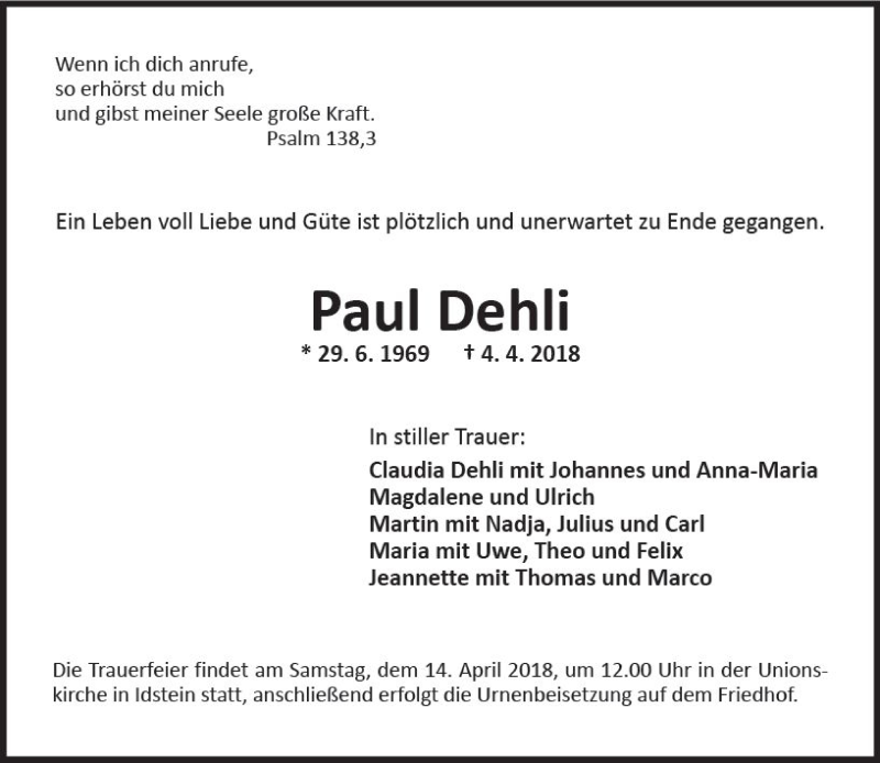 Traueranzeige für Paul Dehli vom 07.04.2018 aus Trauerportal Rhein Main Presse
