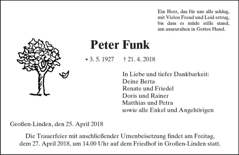  Traueranzeige für Peter Funk vom 25.04.2018 aus  Gießener Anzeiger