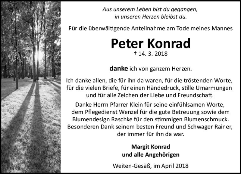  Traueranzeige für Peter Konrad vom 14.04.2018 aus Trauerportal Rhein Main Presse