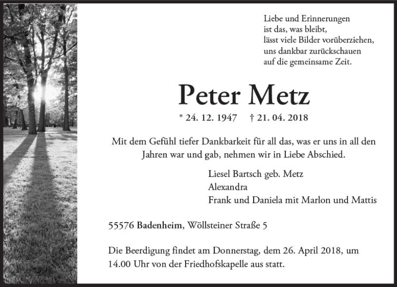  Traueranzeige für Peter Metz vom 24.04.2018 aus Trauerportal Rhein Main Presse