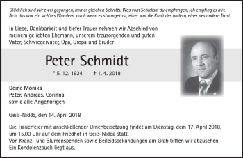 Traueranzeige von Peter Schmidt von  Kreisanzeiger