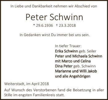 Traueranzeige von Peter Schwinn von Trauerportal Rhein Main Presse