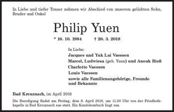Traueranzeige von Philip Yuen von Trauerportal Rhein Main Presse