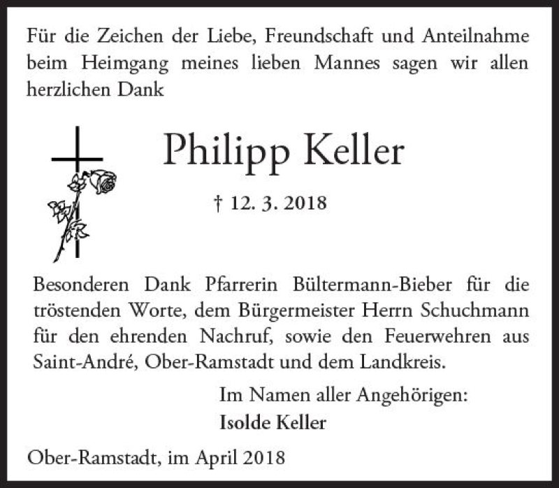  Traueranzeige für Philipp Keller vom 07.04.2018 aus Trauerportal Rhein Main Presse