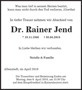 Traueranzeige von Rainer Jend von  Kreisanzeiger