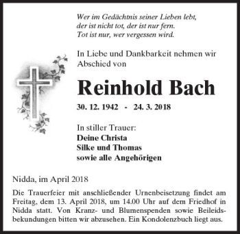Traueranzeige von Reinhold Bach von  Kreisanzeiger
