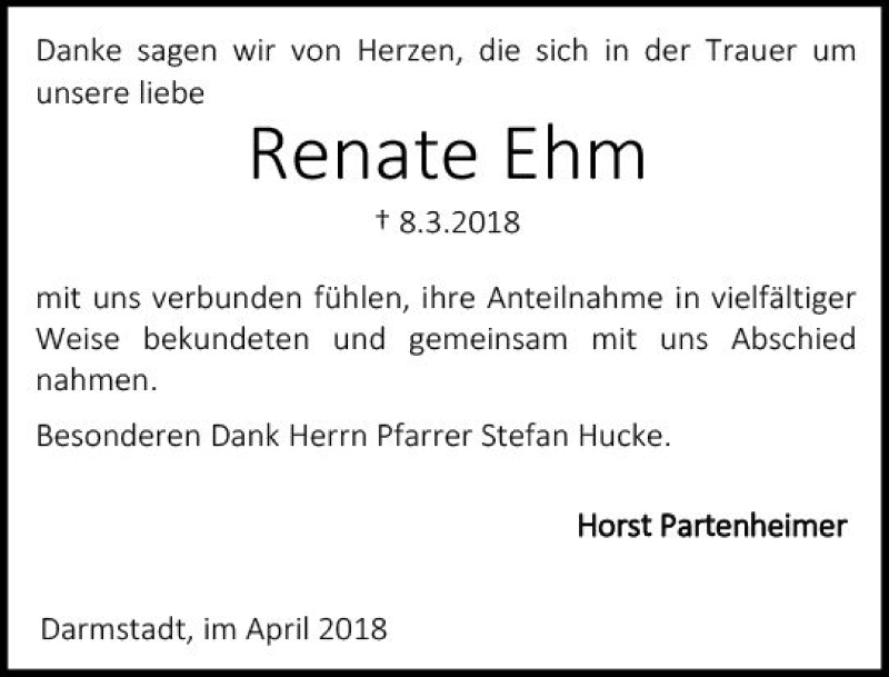  Traueranzeige für Renate Ehm vom 07.04.2018 aus Trauerportal Rhein Main Presse