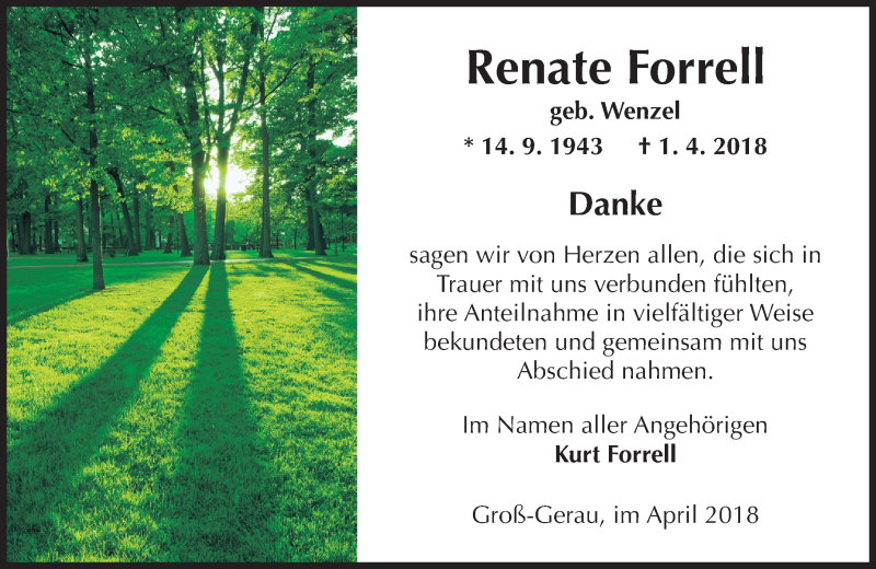  Traueranzeige für Renate Forrell vom 21.04.2018 aus Trauerportal Rhein Main Presse