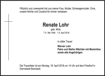 Traueranzeige von Renate Lohr von Trauerportal Rhein Main Presse