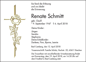 Traueranzeige von Renate Schmitt von  Camberger Anzeiger
