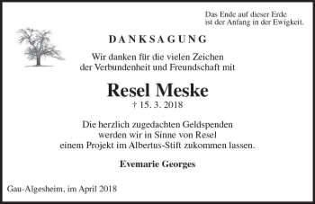 Traueranzeige von Resel Meske von Trauerportal Rhein Main Presse