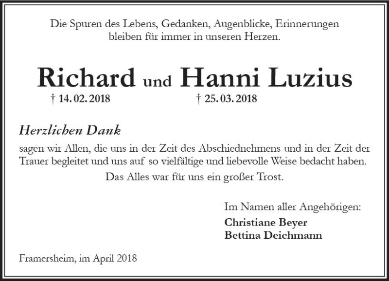  Traueranzeige für Richard Luzius vom 27.04.2018 aus Trauerportal Rhein Main Presse