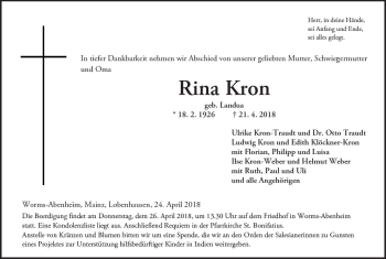 Traueranzeige von Rina Kron von Trauerportal Rhein Main Presse