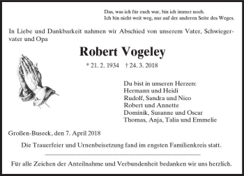 Traueranzeige von Robert Vogeley von  Gießener Anzeiger