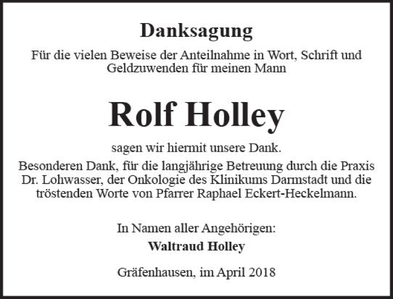  Traueranzeige für Rolf Holley vom 07.04.2018 aus Trauerportal Rhein Main Presse