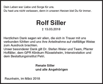 Traueranzeige von Rolf Siller von Trauerportal Rhein Main Presse