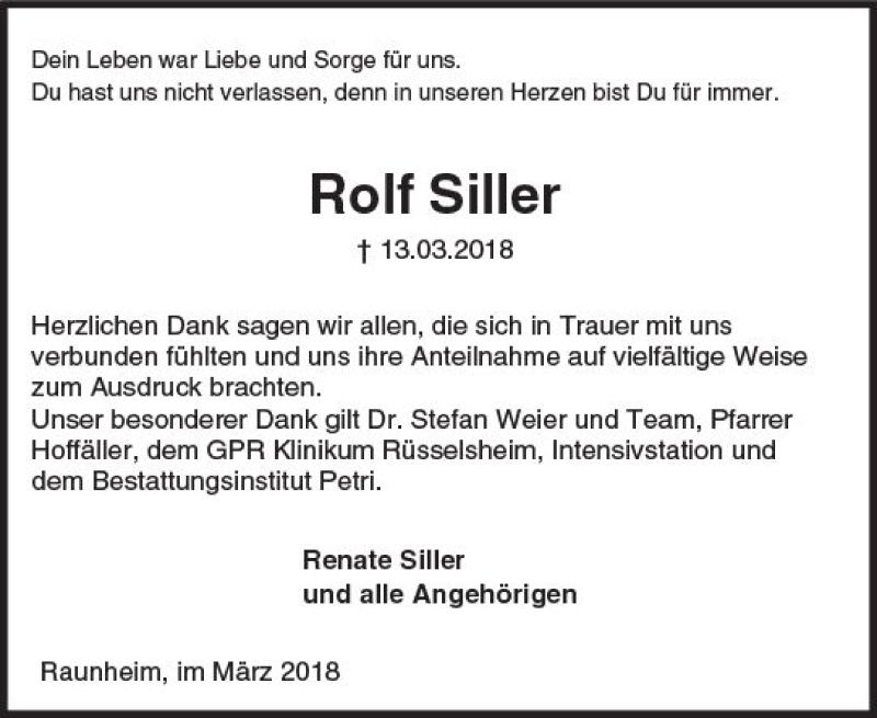  Traueranzeige für Rolf Siller vom 07.04.2018 aus Trauerportal Rhein Main Presse