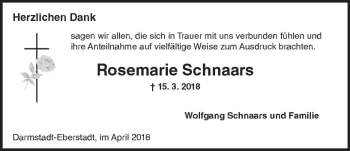 Traueranzeige von Rosemarie Schnaars von Trauerportal Rhein Main Presse