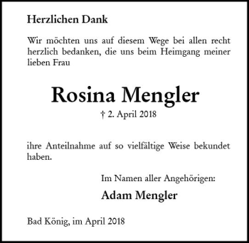Traueranzeige von Rosina Mengler von Trauerportal Rhein Main Presse