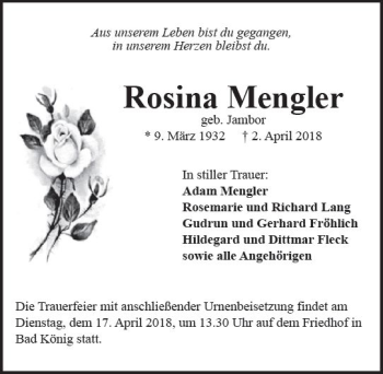 Traueranzeige von Rosina Mengler von Trauerportal Rhein Main Presse