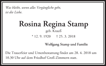 Traueranzeige von Rosina Regina Stamp von Trauerportal Rhein Main Presse