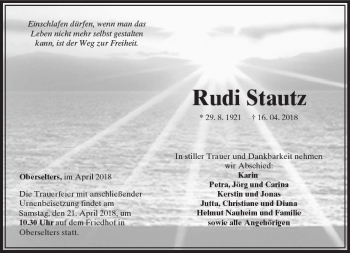 Traueranzeige von Rudi Stautz von  Camberger Anzeiger
