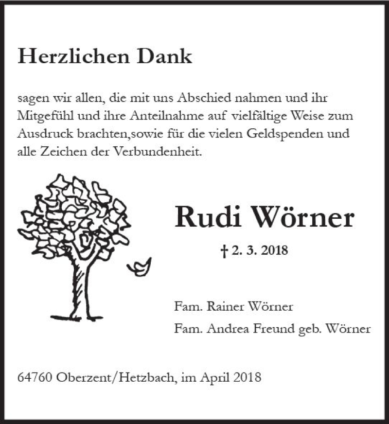  Traueranzeige für Rudi Wörner vom 14.04.2018 aus Trauerportal Rhein Main Presse