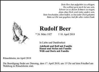 Traueranzeige von Rudolf Beer von Trauerportal Rhein Main Presse