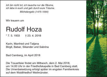Traueranzeige von Rudolf Hoza von  Camberger Anzeiger