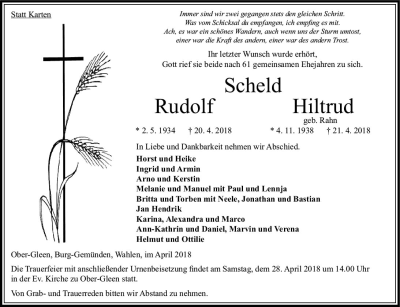  Traueranzeige für Rudolf Scheld vom 26.04.2018 aus VRM Trauer
