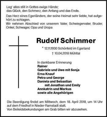 Traueranzeige von Rudolf Schimmer von Trauerportal Rhein Main Presse