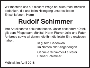 Traueranzeige von Rudolf Schimmer von Trauerportal Rhein Main Presse