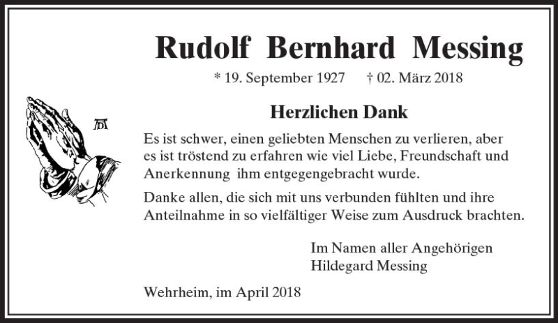 Traueranzeige für Rudolf Bernhard Messing vom 06.04.2018 aus  Usinger Anzeiger