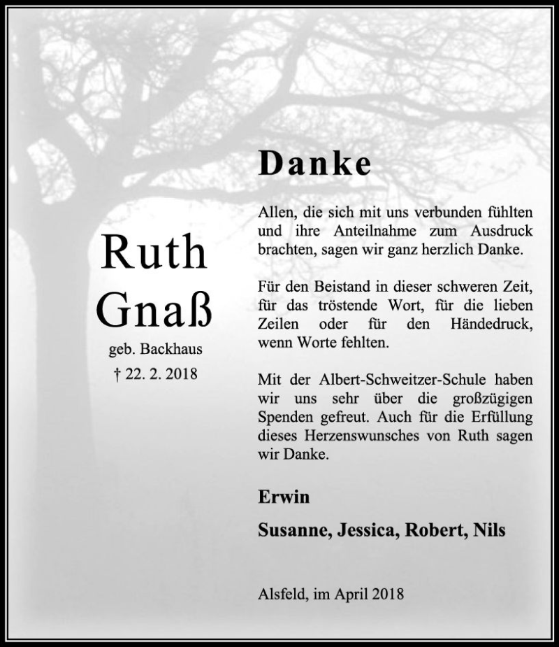  Traueranzeige für Ruth Gnaß vom 14.04.2018 aus VRM Trauer