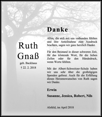 Traueranzeige von Ruth Gnaß von VRM Trauer