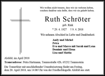Traueranzeige von Ruth Schröter von VRM Trauer